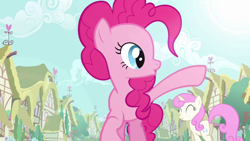 Size: 1280x720 | Tagged: safe, screencap, pinkie pie, twinkleshine, earth pony, pony, unicorn, g4, :o, adorableshine, anne hathaway, background pony, butt, cute, cutie mark, diapinkes, eyes closed, female, hello, mare, o, o mouth, open mouth, plot, ponyville, smiling, stars, trotting, twinklebutt, twinkleshine: anne hathaway, waving