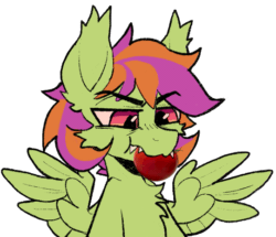 Size: 541x466 | Tagged: safe, artist:kotya, oc, oc only, oc:frame gravity, pony, animated, fangs, fluffy, food, gif, herbivore, nom, simple background, solo, tomato, wings