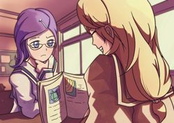 Size: 1280x905 | Tagged: safe, artist:albertac, part of a set, applejack, rarity, human, g4, alternate hairstyle, anime, book, clothes, duo, eyes closed, female, glasses, grin, hair accessory, hand on chin, humanized, indoors, japanese school uniform, looking at someone, nervous, nervous smile, school, school uniform, smiling, table, three quarter view