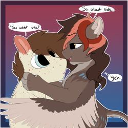 Size: 3000x3000 | Tagged: safe, artist:cold blight, oc, oc only, oc:chestnut, oc:cloudjumper, pony, sphinx, bedroom eyes, couple, dialogue, duo, eye clipping through hair, female, high res, looking at each other, male, oc x oc, open mouth, paws, shipping, simple background, smiling, straight