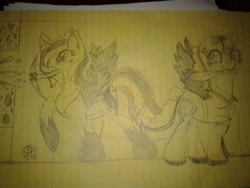 Size: 2560x1920 | Tagged: safe, artist:juliet-gwolf18, oc, oc only, oc:juliet, alicorn, pony, alicorn oc, duo, hoof shoes, horn, lined paper, mouth hold, pickaxe, raised hoof, sword, traditional art, weapon, wings