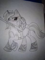 Size: 1920x2560 | Tagged: safe, artist:juliet-gwolf18, oc, oc only, oc:juliet, alicorn, pony, alicorn oc, clothes, cosplay, costume, donatello, grayscale, horn, lineart, monochrome, mouth hold, raised hoof, solo, sword, teenage mutant ninja turtles, traditional art, weapon, wings