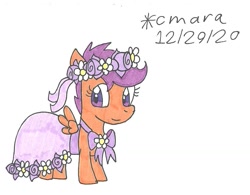 Size: 1031x805 | Tagged: safe, artist:cmara, scootaloo, pegasus, pony, g4, clothes, dress, female, filly, floral head wreath, flower, flower filly, flower girl, flower girl dress, simple background, solo, traditional art, white background