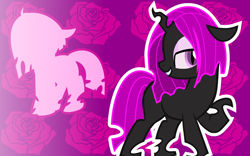 Size: 1600x1000 | Tagged: safe, artist:amgiwolf, oc, oc only, oc:pinky rose, changeling, changeling queen, bedroom eyes, changeling queen oc, duo, female, flower, grin, looking back, makeup, purple changeling, raised hoof, rose, silhouette, simple background, smiling, transparent background
