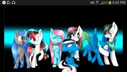 Size: 960x540 | Tagged: safe, artist:emalajiss36, oc, oc only, oc:emala jiss, oc:miss smile, alicorn, earth pony, pegasus, pony, alicorn oc, choker, earth pony oc, eyes closed, group, heterochromia, horn, hug, open mouth, pegasus oc, raised hoof, smiling, snuggling, wings