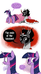Size: 2500x4500 | Tagged: safe, artist:overthemaginot, king sombra, twilight sparkle, pony, unicorn, g4, bag, cape, clothes, comic, dialogue, duo, female, lying down, male, order, saddle bag, speech bubble, sweat