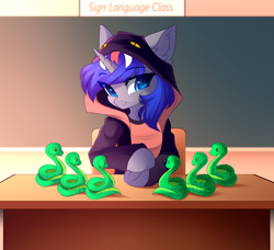 Size: 3400x3100 | Tagged: safe, artist:airiniblock, oc, oc only, oc:dream vezpyre, oc:dream², pony, snake, unicorn, rcf community, clothes, commission, desk, high res, hoodie, sitting