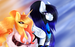 Size: 2860x1780 | Tagged: safe, artist:minelvi, oc, oc only, oc:cyan crystal, pegasus, pony, unicorn, abstract background, clothes, eyelashes, female, horn, makeup, mare, pegasus oc, siblings, sisters, unicorn oc, wings
