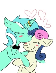 Size: 815x1070 | Tagged: safe, alternate version, artist:lowname, bon bon, lyra heartstrings, sweetie drops, earth pony, pony, unicorn, g4, blush sticker, blushing, bowtie, bust, crying, duo, eyes closed, female, floating heart, floral head wreath, flower, forehead kiss, heart, horn, horn ring, jewelry, kissing, lesbian, mare, ring, ship:lyrabon, shipping, simple background, smiling, tears of joy, white background
