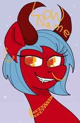 Size: 628x955 | Tagged: safe, artist:lowname, oc, oc only, demon, demon pony, original species, bust, ear piercing, earring, eyelashes, grin, horns, jewelry, necklace, nose piercing, nose ring, piercing, simple background, smiling, solo