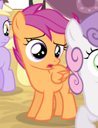 Size: 531x692 | Tagged: safe, screencap, dinky hooves, scootaloo, sweetie belle, pegasus, pony, unicorn, g4, simple ways, appalled, banner, female, filly, folded wings, horseshoes, offscreen character, raised hoof, scootashock, shocked, solo focus, wings