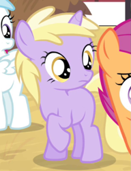 Size: 531x692 | Tagged: safe, screencap, cotton cloudy, dinky hooves, scootaloo, pegasus, pony, unicorn, g4, simple ways, :o, appalled, dinkyshock, female, filly, frown, o, o mouth, offscreen character, open mouth, raised hoof, shocked, solo focus