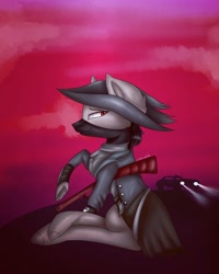 Size: 1080x1350 | Tagged: safe, artist:rxndxm.artist, oc, oc only, earth pony, pony, bandana, car, clothes, cloud, earth pony oc, frog (hoof), gun, hat, outdoors, pirate hat, raised hoof, sitting, solo, underhoof, weapon