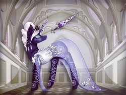 Size: 1080x810 | Tagged: safe, artist:rxndxm.artist, oc, oc only, oc:iris, pony, unicorn, clothes, dress, female, horn, indoors, looking back, magic, mare, see-through, solo, tattoo, telekinesis, unicorn oc