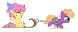Size: 2450x1007 | Tagged: safe, alternate version, artist:akiraau, li'l cheese, little mac, earth pony, pony, g4, my little pony best gift ever, the last problem, colt, commission, cute, duo, eyes closed, grin, happy, hat, li'l cuteese, male, open mouth, party hat, pulling, raised hoof, raised leg, simple background, sitting, sled, smiling, transparent background, unshorn fetlocks, vector, ych result