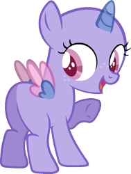 Size: 732x968 | Tagged: safe, artist:pegasski, oc, oc only, alicorn, pony, common ground, g4, alicorn oc, bald, base, butt, eyelashes, female, filly, freckles, horn, looking back, plot, raised hoof, simple background, smiling, solo, transparent background, transparent horn, transparent wings, two toned wings, underhoof, vector, wings