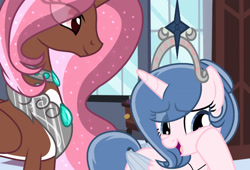 Size: 1280x869 | Tagged: safe, artist:lominicinfinity, oc, oc only, oc:flora, oc:sparkdust knight, alicorn, pony, crown, female, jewelry, mare, regalia, solo, two toned wings, wings