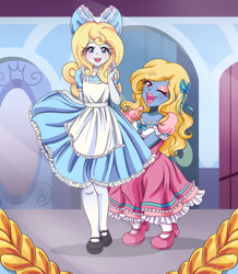 Size: 1600x1833 | Tagged: safe, artist:lucy-tan, oc, oc:azure/sapphire, oc:petticoat, equestria girls, g4, clothes, crossdressing, drag princess, dress-up, femboy, makeover, male, shoes, socks