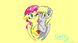 Size: 765x422 | Tagged: safe, artist:@cameron, artist:fluffyxai, edit, derpy hooves, fluttershy, pegasus, pony, g4, close together, cute, derpyshy, female, heart, holding hooves, lesbian, looking at each other, omniships, shipping, spread wings, squishy cheeks, trace, wings