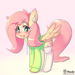 Size: 2222x2222 | Tagged: safe, artist:hoodie, fluttershy, pegasus, pony, g4, blushing, clothes, cute, daaaaaaaaaaaw, ear fluff, eyebrows, eyebrows visible through hair, female, high res, hoodie, mare, open mouth, open smile, shyabetes, smiling, socks, solo, stockings, stray strand, sweater, sweatershy, thigh highs