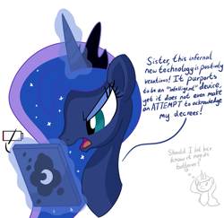 Size: 1793x1743 | Tagged: safe, artist:notadeliciouspotato, princess celestia, princess luna, alicorn, pony, g4, angry, bust, crown, female, jewelry, lidded eyes, magic, mare, open mouth, regalia, simple background, solo focus, speech bubble, tablet, telekinesis, thought bubble, white background