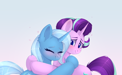 Size: 3268x2016 | Tagged: safe, artist:jennyberry, starlight glimmer, trixie, pony, unicorn, g4, female, heart, high res, hug, lesbian, love, mare, ship:startrix, shipping, simple background
