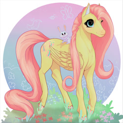 Size: 1280x1280 | Tagged: safe, artist:...macabre..., angel bunny, fluttershy, pegasus, pony, rabbit, g4, animal, blushing, colored hooves, cutie mark, ear fluff, female, flower, folded wings, male, solo, wings