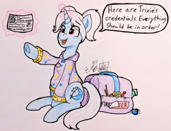 Size: 3239x2470 | Tagged: safe, artist:erynerikard, trixie, pony, unicorn, g4, alternate hairstyle, babysitter trixie, bag, clothes, female, fireworks, high res, hoodie, magic, pride, pride flag, saddle bag, solo, traditional art, trans female, trans trixie, transgender, transgender pride flag