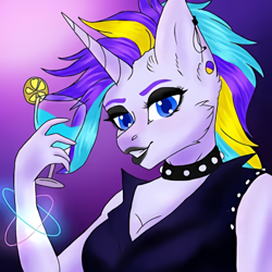 Size: 450x450 | Tagged: artist needed, source needed, safe, rarity, unicorn, anthro, g4, alternate hairstyle, bracelet, bust, choker, clothes, cocktail glass, ear piercing, eyelashes, female, glowstick, jewelry, lipstick, makeup, piercing, punk, raripunk, smiling, solo, spiked choker