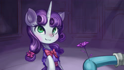 Size: 3840x2160 | Tagged: safe, artist:alexsavenije, sweetie belle, pony, unicorn, g4, clothes, dress, flower, high res, ribbon, smiling