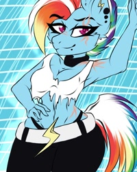 Size: 960x1200 | Tagged: safe, artist:devika_wrath, rainbow dash, pegasus, anthro, g4, abstract background, clothes, ear piercing, eye scar, female, hand on hip, panties, pants, piercing, scar, smiling, solo, thong, torn clothes, underwear, wingless, wingless anthro