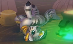 Size: 1280x768 | Tagged: safe, artist:jesusy, zecora, pony, zebra, cute, female, glowing, heart eyes, horses doing horse things, looking at you, lying down, mare, on back, signature, smiling, solo, wingding eyes, zebras doing zebra things, zecora's hut, zecorable