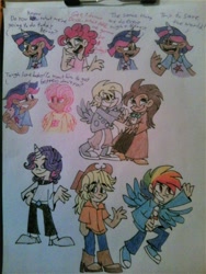Size: 1200x1600 | Tagged: safe, artist:mirabuncupcakes15, applejack, derpy hooves, doctor whooves, fluttershy, pinkie pie, rainbow dash, rarity, time turner, twilight sparkle, human, g4, alternate hairstyle, applejack (male), applejack's hat, boots, bubble berry, butterscotch, choker, clothes, coat, converse, cowboy boots, cowboy hat, dark skin, dopey hooves, dusk shine, elusive, female, hat, horn, horned humanization, humanized, jacket, jeans, male, male six, mane six, open mouth, pants, rainbow blitz, rule 63, ship:doctorderpy, ship:dopeytoress, shipping, shirt, shoes, simple background, straight, sweater, t-shirt, the doctoress, traditional art, white background, winged humanization, wings