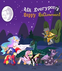 Size: 1874x2160 | Tagged: safe, artist:lowname, fluttershy, princess celestia, smolder, twilight sparkle, alicorn, pony, wolf, g4, ask, clothes, collaboration, costume, female, flying, full moon, hoof shoes, jester, mare, mare in the moon, moon, night, outdoors, rearing, slowpoke, tree, twilight sparkle (alicorn)