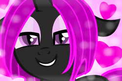 Size: 1024x676 | Tagged: safe, artist:amgiwolf, oc, oc only, oc:pinky rose, changeling, changeling queen, bedroom eyes, bust, changeling queen oc, female, grin, heart, purple changeling, smiling, solo