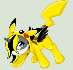 Size: 581x556 | Tagged: safe, artist:juliet-gwolf18, oc, oc only, oc:juliet, alicorn, pikachu, pony, alicorn oc, base used, clothes, costume, eyelashes, female, horn, kigurumi, mare, pokémon, simple background, smiling, solo, wings