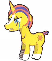 Size: 2004x2328 | Tagged: safe, artist:magicnova, derpibooru exclusive, oc, oc only, oc:starfire blaze, pony, unicorn, amputee, blaze (coat marking), coat markings, crying, eye scar, facial markings, floppy ears, high res, male, prosthetic leg, prosthetic limb, prosthetics, sad, scar, simple background, socks (coat markings), solo, stallion, traditional art, upset