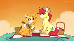 Size: 1920x1078 | Tagged: safe, artist:moshiitomo, bright mac, pear butter, earth pony, pony, g4, the perfect pear, basket, chest fluff, cute, ear fluff, female, guitar, looking at each other, male, mare, musical instrument, picnic basket, picnic blanket, profile, scene interpretation, ship:brightbutter, shipping, sitting, smiling, stallion, straight, you're in my head like a catchy song