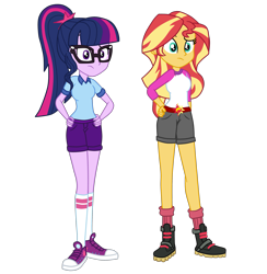Size: 2427x2490 | Tagged: safe, artist:gmaplay, sci-twi, sunset shimmer, twilight sparkle, equestria girls, g4, my little pony equestria girls: legend of everfree, camp everfree, camp everfree outfits, converse, duo, female, high res, shoes, simple background, sneakers, transparent background, vector