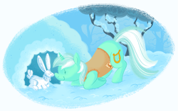 Size: 1699x1067 | Tagged: safe, artist:nate-draws, lyra heartstrings, pony, rabbit, unicorn, g4, winter wrap up, animal, cute, dot eyes, female, lyrabetes, mare, snow, solo, winter, winter wrap up vest