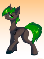 Size: 3000x4000 | Tagged: safe, artist:vincher, edit, oc, oc only, pony, unicorn, butt, colored pupils, dock, ear fluff, eye clipping through hair, eyebrows, eyebrows visible through hair, featureless crotch, gradient background, horn, lidded eyes, looking at you, looking back, looking back at you, male, plot, raised leg, signature, smiling, solo, stallion, underhoof, unshorn fetlocks