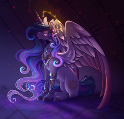Size: 3000x2876 | Tagged: safe, artist:spookznspectres, princess celestia, alicorn, pony, g4, bracelet, ear piercing, earring, female, halo, high res, horn, horn ring, jewelry, mare, necklace, nose piercing, nose ring, piercing, redraw, reign, ring, royalty, sitting, solo, spread wings, wings