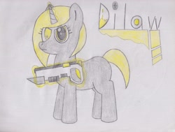 Size: 4304x3258 | Tagged: safe, artist:theunidentifiedchangeling, oc, oc only, oc:dilaw remilo, pony, unicorn, blade, gun, horn, levitation, looking at you, magic, name, shotgun, solo, telekinesis, traditional art, weapon