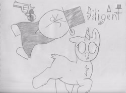 Size: 4400x3258 | Tagged: safe, artist:theunidentifiedchangeling, oc, oc:pone, oc:prof, pony, unicorn, chest fluff, empty eyes, gun, hat, madness combat, top hat, traditional art, weapon