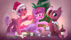 Size: 4006x2290 | Tagged: safe, artist:xbi, berry punch, berryshine, cheerilee, jasmine leaf, earth pony, pony, g4, alcohol, bottle, christmas, christmas tree, commission, cup, drinking, food, glass, hiding, holiday, money, smiling, tea, tree, trio, wine