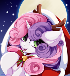 Size: 4712x5150 | Tagged: safe, artist:xsatanielx, sweetie belle, pony, unicorn, g4, absurd resolution, antlers, bell, bow, christmas, cute, diasweetes, ear fluff, female, full moon, holiday, moon, night, open mouth, reindeer antlers, solo, tongue out