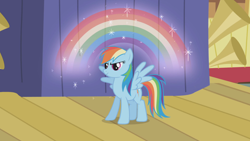 Size: 1920x1080 | Tagged: safe, screencap, rainbow dash, pegasus, pony, boast busters, g4, 1080p, curtains, cute, dashabetes, female, mare, musical instrument, rainbow, smiling, smirk, solo, sparkles, spread wings, stage, trumpet, wingboner, wings