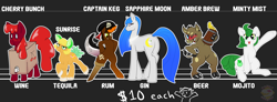 Size: 4680x1714 | Tagged: safe, artist:candyfossils, oc, oc:amber brew, oc:captain keg, oc:cherry bunch, oc:minty mist, oc:sapphire moon, oc:sunrise, alcohol pony, boar, drink pony, earth pony, food pony, object pony, original species, pony, adoptable, agave, alcohol, amputee, beer, blushing, booze, butt, drink, drunk, food, gin, lime, looking at you, mojito, multiple characters, pirate, plot, ponified, prosthetic limb, prosthetics, rum, tentacles, tequila, wine