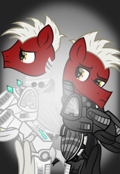 Size: 7652x11053 | Tagged: safe, artist:php178, derpibooru exclusive, oc, oc only, oc:lighthooves, cyborg, cyborg pony, earth pony, pony, fallout equestria, fallout equestria: project horizons, .svg available, 2021, absurd resolution, artificial wings, augmented, bedroom eyes, black, bright, dark, darkness, dart, dart launcher, disappointed, duality, duo, duo focus, earth pony oc, fanfic art, glowing, level 4.5 (dark model) (project horizons), level 4.5 (light model) (project horizons), lidded eyes, light, light and dark, looking back, looking up, male, mechanical wing, metal, powered exoskeleton, preview, sad, sadness, scorpion tail, self ponidox, simple background, stallion, stallion oc, svg, taken, vector, white, wings