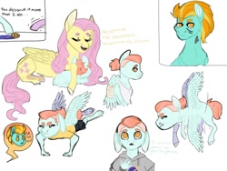 Size: 1024x768 | Tagged: safe, artist:rainydayjitters, fluttershy, lightning dust, oc, oc:dapper breeze, pegasus, pony, anthro, unguligrade anthro, g4, female, filly, fluttermom, flying, lesbian, lying down, magical lesbian spawn, mare, offspring, parent:fluttershy, parent:lightning dust, parents:flutterdust (pairing), prone, push-ups, ship:flutterdust, shipping, simple background, singing, white background